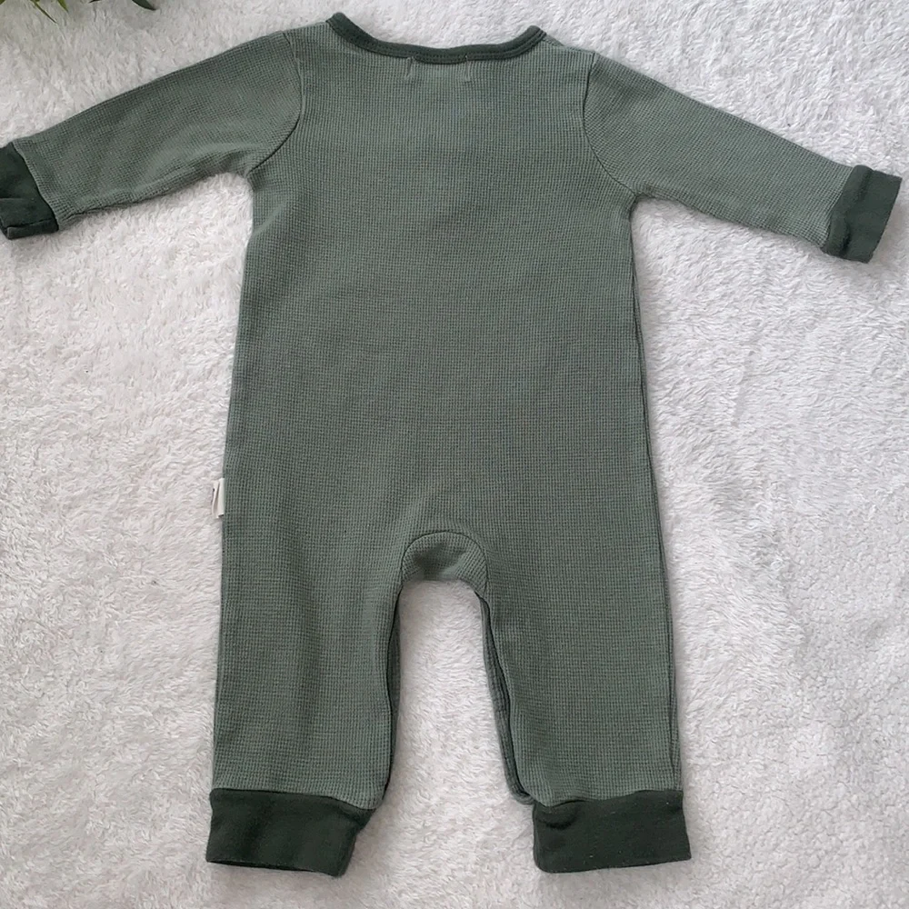 Rabbit + Bear Green Baby Romper with Pocket 6-9M Organic Cotton EUC